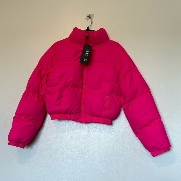 ANWND Los Angeles barbie hot pink cropped puffer front full zip jacket coat M - Picture 1 of 11